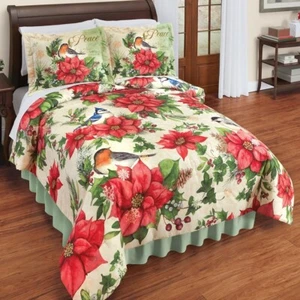 POINSETTIA BIRDS CHRISTMAS TWIN SZ COMFORTER SHAM SET - Picture 1 of 1