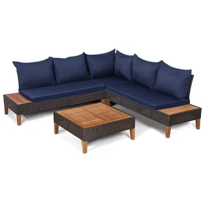 4PCS Outdoor Rattan Furniture Set Cushioned Loveseat w/Wooden Side Table Navy - Picture 1 of 8