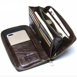 Men's Leather Clutch Wallet Passport Card Holder Zipper Purse Phone Pocket - Picture 1 of 10