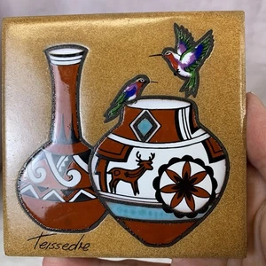 Cleo Teissedre SIGNED VTG Native American Hummingbirds w/Pots Folk Art Tile - Picture 1 of 8