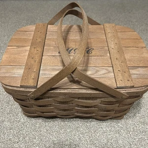 Vintage Basketville Putney VT Picnic Basket Double Handle Wood Weave Picnic Ware - Picture 1 of 11