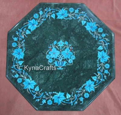 Green Marble Coffee Table Top Turquoise Stone Inlay Marble Table - Image 1 of 4