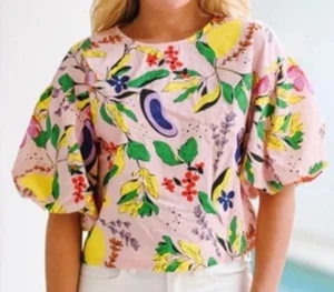TCEC Arielle Colorful Fruit Floral Print Blouse Pink Tropical Summer Top - Picture 1 of 8