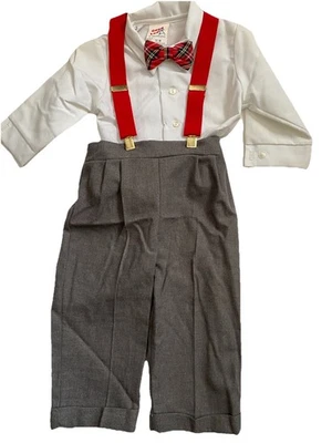 Pantalones Grises Vintage Niños 18 M Camisa Blanca Pajarita Tirantes Conjunto Buen Laco Foto 1 de 4