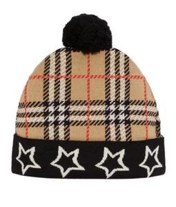 Burberry Unisex Boy Girl Check Stars Wool Pom Pom Beanie Hat Sz Medium Beige NWT - Picture 1 of 13