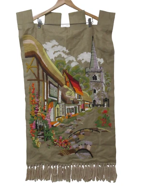 36x23.5" Vtg Wall Wool Hand Embroidered Hanging Picture Village Church EXCELLENT - Image 1 of 4