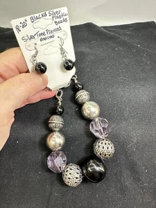 Halskette 18/20" schwarz silberfarben lila Perlen Ohrringe durchbohrt Vintage M-6812 - Bild 1 von 4