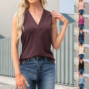 Womens V Neck Tank Tops Summer Sleeveless Shirts Casual Loose Tunic Tops T Shirt - Picture 1 of 45