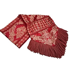 Red Gold Jacquard Table Runner Braided Rope Fringe Floral Center Piece 70"x13" - Picture 1 of 7