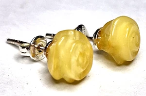 Pendientes Ámbar Báltico Genuino,, ROSAS '' Plata 925 Color Yema de Huevo - Imagen 1 de 7