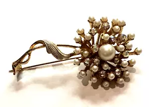 BSK STEMMED FLOWER FAUX PEARL AB CRYSTAL RHINESTONE GOLD MCM 2.75" BROOCH PIN EU - Picture 1 of 8