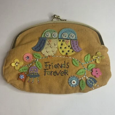 NWOT Large Coin Purse Yellow Fabric 2 Owls With Embroidered Flowers & Button - Image 1 of 4