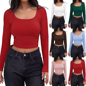Women's Round Neck Long Sleeve Knit Ribbed Fitted Crop Top Casual Basic Shirts - Picture 1 of 42