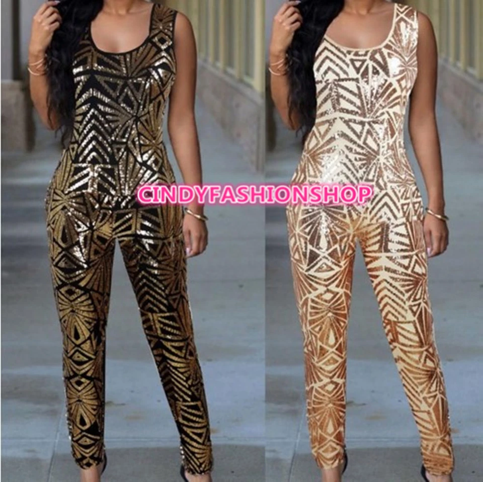 Nuevo Mono Mamelucos Mujer Sin Mangas Geométrico Lentejuelas Celebridad Noche Fiesta  Foto 1 de 1