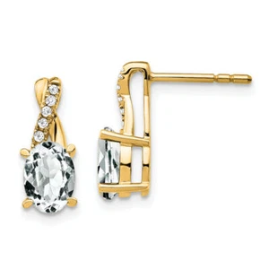10K Solid Two Tone Gold Topaz Diamond Dangle Earrings - Picture 1 of 5