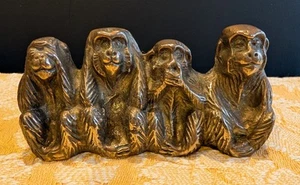 Vintage Brass 4 Wise Monkeys 11x5cms See Hear Speak & Do No Evil - Picture 1 of 5