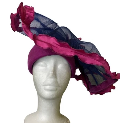 Vintage Purple Wool Hat Navy Fuchsia Ruffled Netting Overlay Fascinator Church - Image 1 of 4
