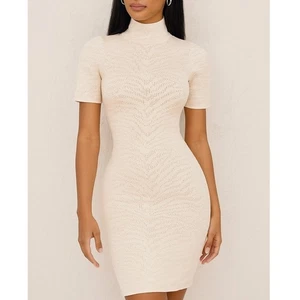 Ronny Kobo cremefarbenes figurbetontes Strick-Minikleid Stehkragen Damen XS Party Cocktail - Bild 1 von 10