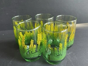 Culver Set 5 Yellow Flowers Green Glasses Vintage 3.5" VHTF - Picture 1 of 4