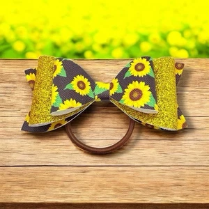 Sunflower Glitter Hair bow Faux Leather Ponytail Holder Hair Accessory For Girls - Picture 1 of 4