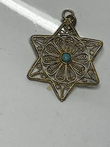 Vtg Sterling Silver Gold Over Filigree Jewish Star Of David Blue Stone Pendant - Picture 1 of 6