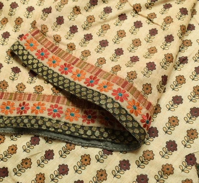 Tela artesanal de sari de 5 yardas estampada 100 % lana pura crema floral de Sushila vintage Foto 1 de 4