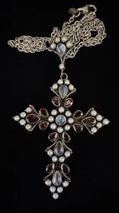 Stunning Nicky Butler Moonstone Garnet Pearl Cross Necklace Pendant - Picture 1 of 8
