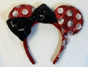 Diadema Minnie Mouse Lentejuelas Rojo Blanco Lunares Negro Lazo Orejas, Parques Disney - Imagen 1 de 4