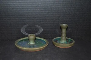 Topsail Island Pottery Fused Glass Candlestick Candle Holders Signed - Picture 1 of 6