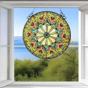 Round 24in Green Floral Victorian Stained Glass Suncatcher Hanging Window Panel - Picture 1 of 3