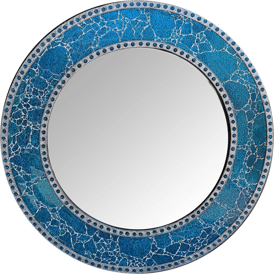 DecorShore 24" Handmade Crackled Glass Mosaic Tile Framed Round Wall Mirror. - Image 1 of 4