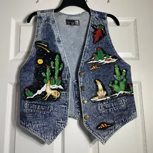 Vintage Südwest Denim Weste großer Kojote Kaktus Chilischoten - Bild 1 von 11
