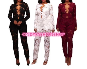 Women Lace Floral See Thu Two Piece Elegant Party Jumpsuit Rompers Club wear(A) - Picture 1 of 21