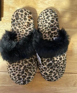 ESNY SIGNATURE SATIN SLIPPER KUNSTFELL CHAMPAGNER LEOPARD Gr. XL 9,5-10,5 Neu mit Etikett - Bild 1 von 3