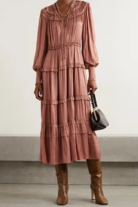 Ulla Johnson Serena Ruffled Satin Midi Dress Copper Pink Size 6 us / 10 uk EUC - Picture 1 of 15