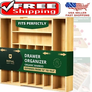 Bamboo Drawer Organizer 9 Slots Expandable Utensil Holder for Kitchen Storage - Picture 1 of 11