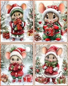 8 Mice Mouse present snow fantasy Christmas Card blank glossy red envelope set 2 - Picture 1 of 4