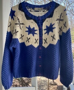 Vintage LL Bean Cardigan Sweater Ski Snowflake, Size Medium, Blue w/Black White - Picture 1 of 9