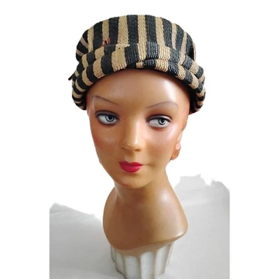 Vintage 50s Turban Inspired Synthetic Straw Hat, Black and Natural Stripe - Image 1 of 4