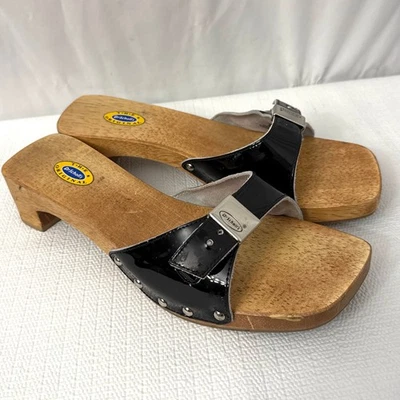 Dr Scholls Sandals Womens 8 M Black Leather Wooden Exercise Clog Slide Brazil - Image 1 of 4