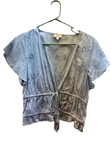 Dizzy Lizzy Cropped Bluse Damen mittelblau Ösen Kurzarm vorne offen zum Binden - Bild 1 von 5