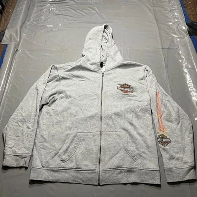 Vintage Harley Davidson Hoodie Youth XL Gray Y2K Flame Sleeve Zip Sweatshirt - Image 1 of 4