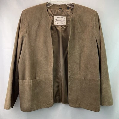 Chaqueta De Colección Cuero Genuino Frente Abierto Con Bolsillos Talla Mediana Marrón Foto 1 de 4