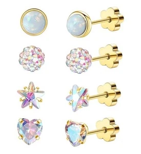 4Pairs Hypoallergenic Flat Back Earrings for Women 14K Gold Cartilage Earring - Picture 1 of 10