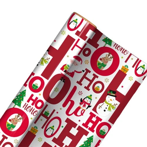 Ho Ho Ho Christmas Characters Recyclable White Gift Wrapping Paper Roll 4m