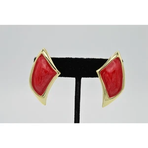 Pendientes Esmaltados Vintage Brillo Manzana Oro Rojo Abstracto Declaración Años 80 9F - Imagen 1 de 7