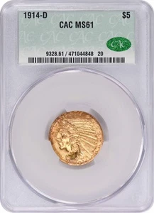 1914-D $5 Gold Indian MS61 CACG - Picture 1 of 4