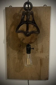 Antique Wooden Pulley Lamp On Reclaimed Barnwood One Of A Kind - Picture 1 of 5