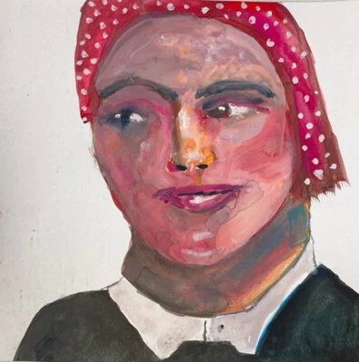 Pintura de retrato de mujer a lunares pintura de cabello ingenuo arte extraño Miz Katie Foto 1 de 4