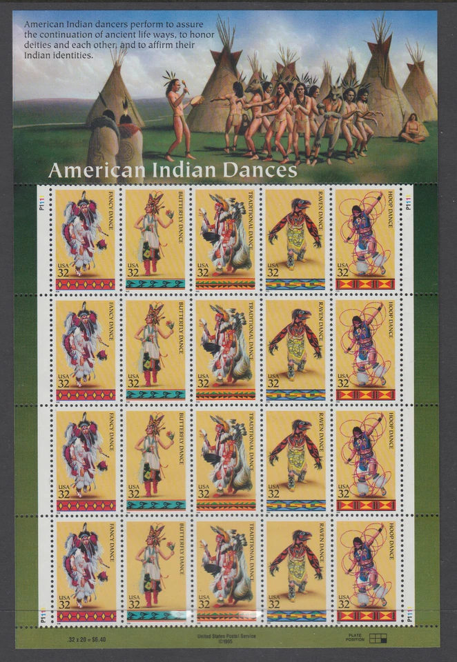 US #3072 - 3076 American Indian Dances 32c Complete Sheet of 20 MNH - Image 1 of 1